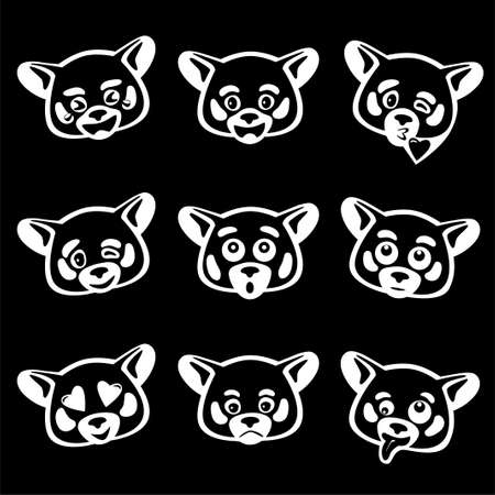 set of 9 vector emoji with red panda face in black styleのイラスト素材