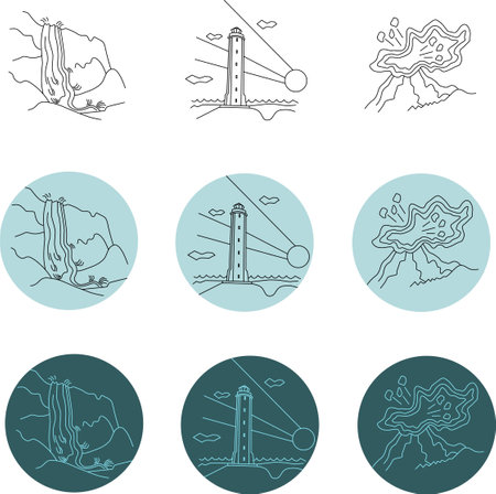 set of linear icons Iceland items, waterfall, lighthous, volcano vector illustrationのイラスト素材