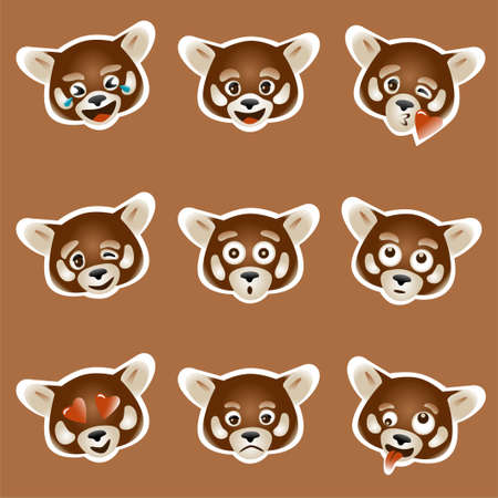 set of 9 vector emoji with red panda face, coloredのイラスト素材