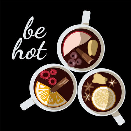 three cups of tea with spices on black background, the inscription be hotのイラスト素材