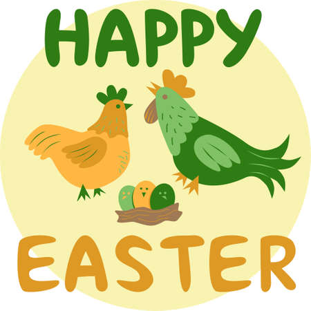 happy easter card, chicken, cock and easter eggsのイラスト素材