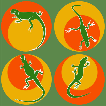 set of silhouette of green lizards with white outline on bright multicilired roun spotsのイラスト素材