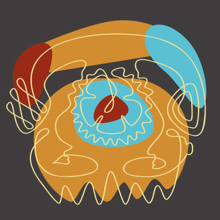 abstract vintage telephone, one line outline consisting of male and female faces, phone dial, handsetのイラスト素材