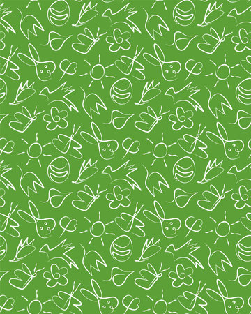 spring pattern with white outline of leaves, flowers, birds, hedgehog, rabbit, eggs, butterflies, sun on a green backgroundのイラスト素材