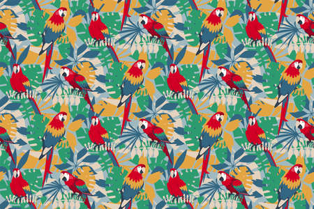Seamless pattern with parrots and tropical leaves, fashion, wallpaper, textile, fabric design vector illustrationのイラスト素材