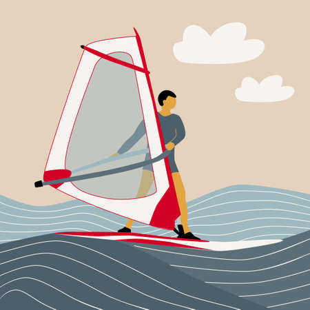 Hand draw vector illustration man on windsurf, abstract sea and sky background, water sports, riding on waves, summer holidaysのイラスト素材