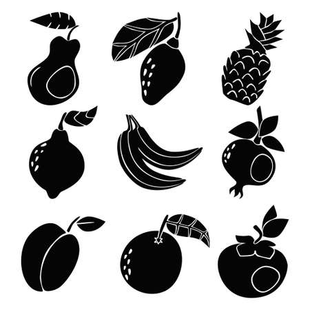 fruits detailed black silhouettes set. Pear, avocado, pineapple, lemon, banana, pomegranate plum orange persimmon vector illustrationのイラスト素材