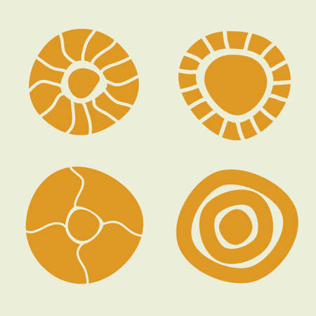 Vector set of abstract different suns boho scandinavian style, isolated silhouette, hand drawn illustrationのイラスト素材