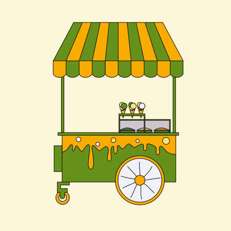 Ice cream yellow green cart on beige background hand drwan black outline vector illustrationのイラスト素材