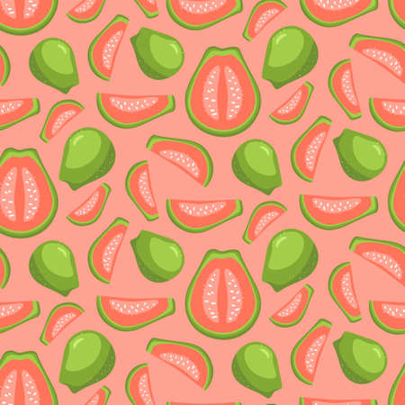 Guava whole and half sliced seamless pattern. Exotic tropical vegetarian guava fruit. Menu, smoothie bowl, market, store, party decoration, textile, cover design vector illustrationのイラスト素材