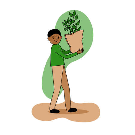 Eco friendly concept, a dark skinned man walks and carries a package with young plants in his hands, happy people take care of nature eco, green peace poster, design element vector illustrationのイラスト素材
