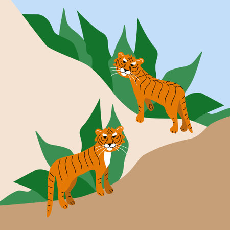 Two hand drawn wild tigers on abstract background with green leaves. Save wild animals poster,...