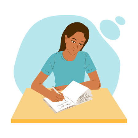 Woman sitting at a table or desk thinking and writes notes in her diary or journal. Girl work or study flat concept. Femal mental health practice with notepad vector illustrationのイラスト素材