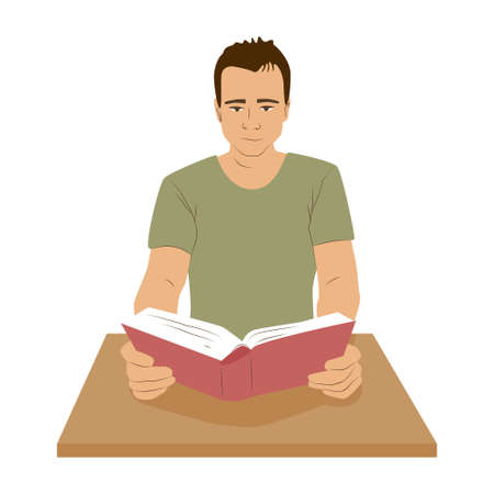 Man sitting at a desk and read book. Education and self-development hobby concept. Lesson in school, study at home vector illustrationのイラスト素材