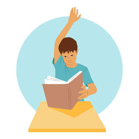 Young student sits at a desk and holds a book. School boy raises his hand up to give an answer. Clever pupil on lesson concept vector illustrationのイラスト素材