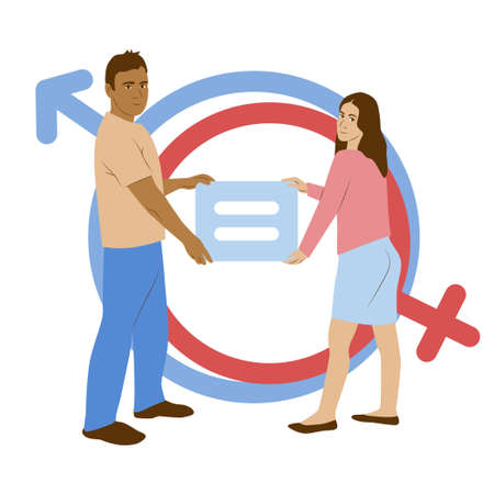 Gender equality concept. Man and woman characters holding a tablet of equal sign on background of symbols female and male as mars and venus. Diversity, tolerance and discrimination poster vector illustrationのイラスト素材