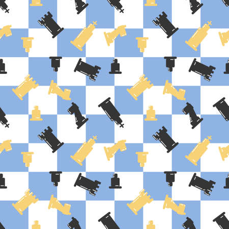 Chessboard with chessmans seamless pattern. Blue white check. Chess day. King rook castle horse knight pawn pattern vector illustrationのイラスト素材