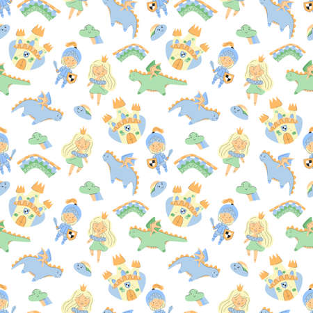 Fairy tale seamless pattern with castle princess knight dragons and rainbows, kids unisex pattern for textile, wrappaper, party, birthday vector illustrationのイラスト素材