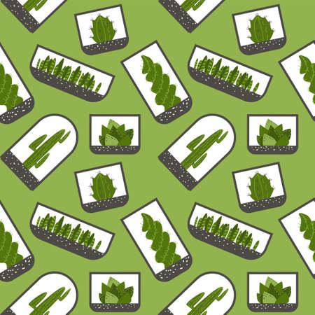 Seamless green plants pattern cactus and succulents in glass pots. House exotic plants background,...