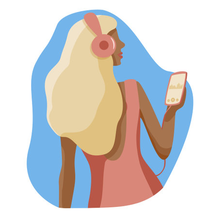 Girl flat character listens music in headphones from phone, woman with phone in hand. Blonde lady enjoy sound audiobook or meditation vector illustrationのイラスト素材