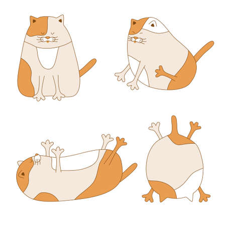 Funny plumpy cats set. Vector illustration of cute hand drawn cats lie and sit front and back view. Kitty wants hug mascote isolated on white for card children designのイラスト素材