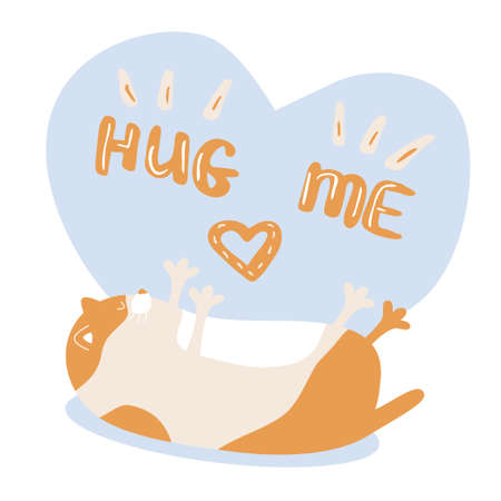 Cute plump cat lying with paws up like want to hug concept, hug me text and heart above card design vector illustrationのイラスト素材