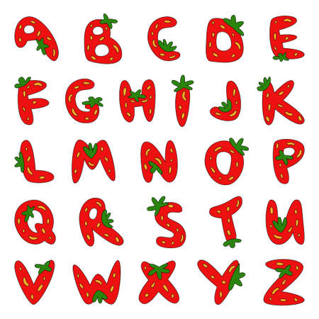 Strawberry font. Berry alphabet. Letters from red fruits. Soft funny cartoon hand drawn kids bright vector illustratio for letteringのイラスト素材