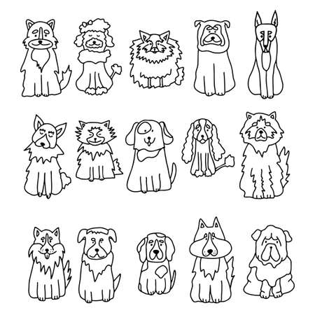 Set of hand drawn black outline doodle dogs on white background. Dog miimalistic ink sketch for tattoo, card, logo Vector illustrationのイラスト素材