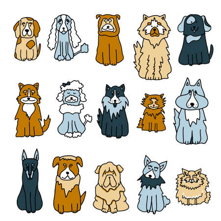 Set of hand drawn color doodle dogs on white background. Dog cute funny colorful sketch for tattoo, card, logo Vector illustrationのイラスト素材