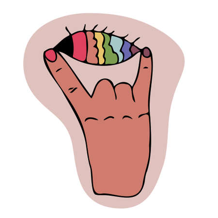 Two fingers up gesture. Rock'n'roll or Heavy Metal hand sign. hand with rainbow color fish eye between fingers abstract magic hand. Vector illustration.のイラスト素材