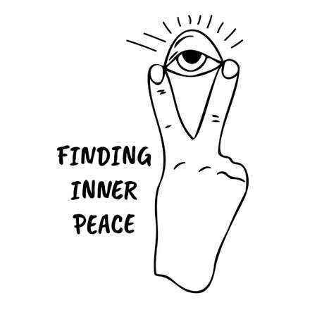 Two fingers up with all seeing magic eye Victory and Peace Gesture Symbol. Hand drawn sketch motivation script finding inner peace print card vector illustrationのイラスト素材