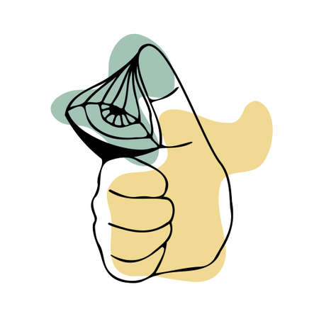 Thomb up OK finger gesture big finger up sig and magic eye on abstract spots background vector illustrationのイラスト素材