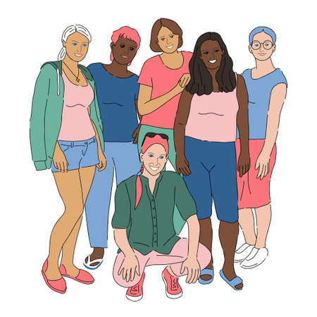 Group portrait of diversity smiling woman free posing together in walking clothes. Colorful classmates coleagues female friendship team on vacation trip or walk vector illustrationのイラスト素材