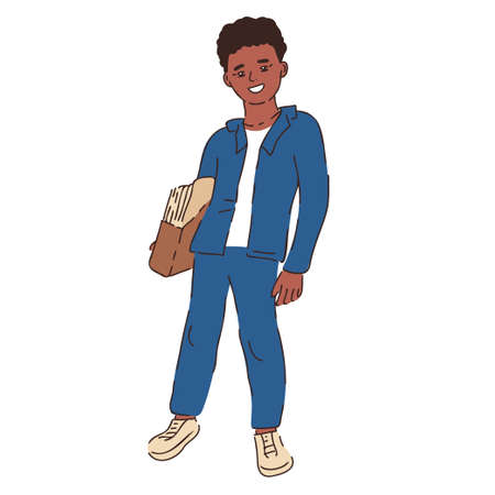 Student young boy. Schoolboy in uniform with workbooks. Secondary school pupil. Schoolchild standing pose vector illustrationのイラスト素材