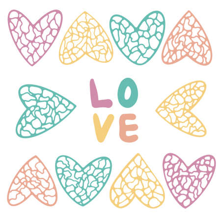 LOVE hand drawn lettering and set of abstract neurographic mosaic heart. Valentines Day poster,...