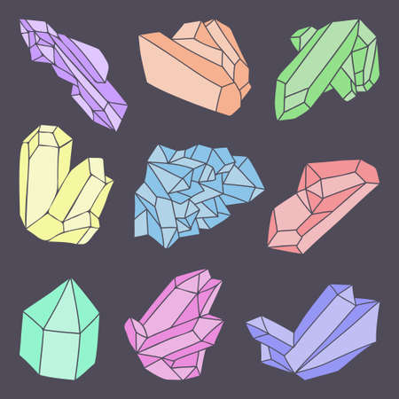 Set of color crystals hand drawn doodle of diamonds, minerals and gems vector illustrationのイラスト素材