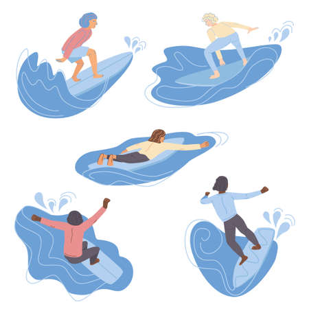 Vector flat style set of surfing man male surfers color silhouettes with waves. Minimalism design jf wave riders in different poses vector illustrationのイラスト素材