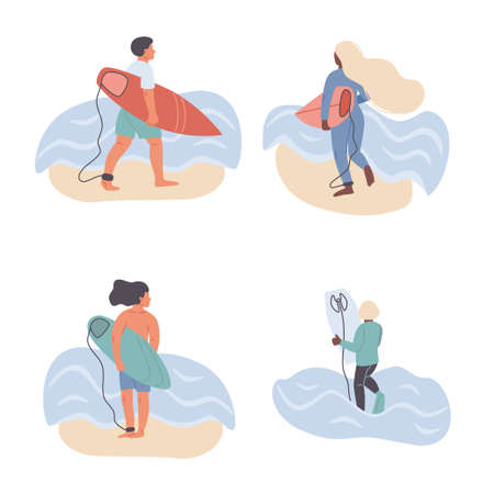 Vector flat style set of surfing man woman child surfers color silhouettes with waves surfboard and seashore. Minimalism design people stay or walk wirh surfboard illustrationのイラスト素材