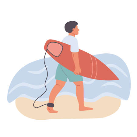 Male surfer goes with surfboard near the sea water vector flat illustration. Guy in swimwear walks on sand. Surfer man on beach water summer activityのイラスト素材