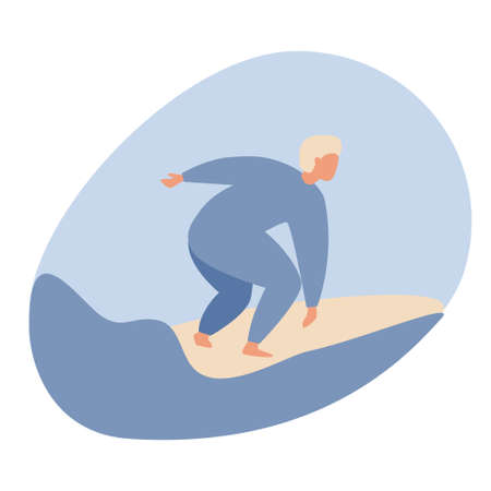 Male surfer abstract character in swimsuit riding on ocean wave. Summer water sport with surfboard, surfing club or school, active hobby vector illustrationのイラスト素材