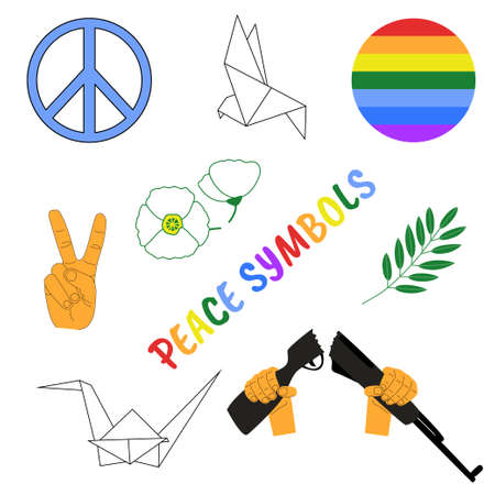 Peace symbols set. Two thumbs up, white origami dove and crane, olive branch, white shirley, rainbow colors, hands breaking a rifle. Elements for no war concept. Vector illustrationのイラスト素材