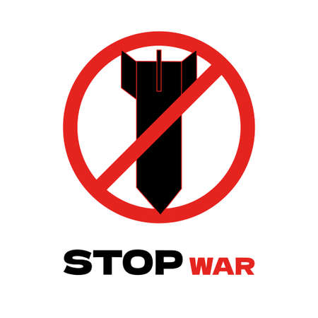 Stop war designs with missile weaponry inside prohibition sign. Minimalistic poster agains war. Stop war start disarmament vector illustrationのイラスト素材