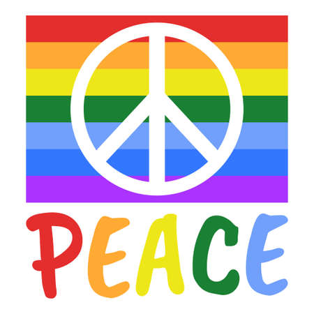 Rainbow flag with a white peace sign, text peace in rainbow colors, pacifism concept, peaceful symbols and signs vector illustrationのイラスト素材