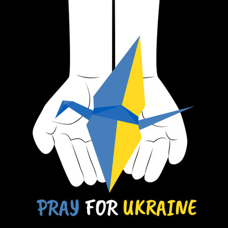 Paper origami crane in colors of Ukrainian flag on open childrens hands. Concept of humanity and peace, against war in Ukraine. Japanese symbol of peace and pray for Ukraine text vector illustrationのイラスト素材
