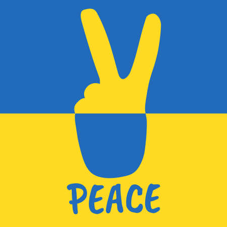 Peace concept poster with hand gesture of victory and peace. Ukraine flag blue and yellow colors, no war vector illustrationのイラスト素材