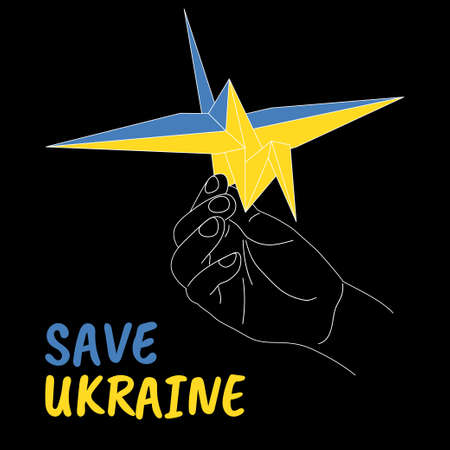 Peace concept hand holding paper origami crane in blue yellow colors of ukrainian flag, save Ukraine script, japanese symbol of peace, no war in Ukraine poster vector illustrationのイラスト素材