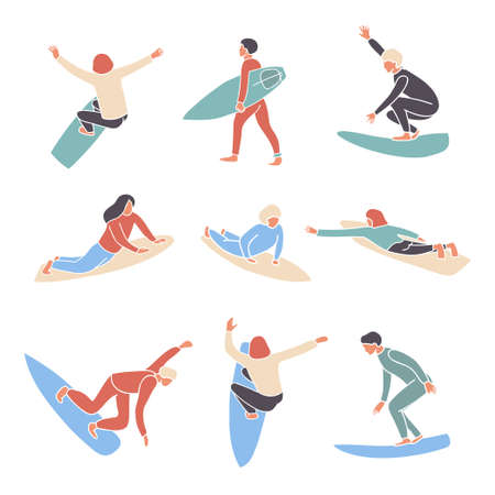 Vector flat style set of surfing boy and girl surfers abstract mosaic stylized. Minimalism design off wave riders in different poses vector illustrationのイラスト素材