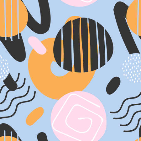 Aesthetic abstract seamless pattern with doodle circles scribbles waves lines dots, soft memphis...
