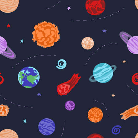 Seamless cute space pattern. Planets, metheorites nebulas and stars. Cosmic childish background....
