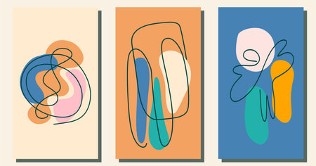 Abstract organic shapes and scribble posters set. Hand drawn irregular backgrounds for social media stories design, home interior wall decor pattern. Aesthetic spots and pebbles vector illustrationのイラスト素材
